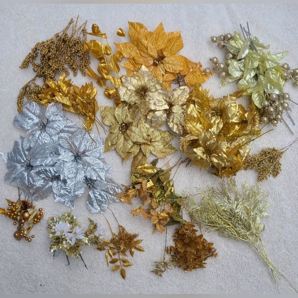 Gold and silver faux floral stems, LARGE Christmas lot